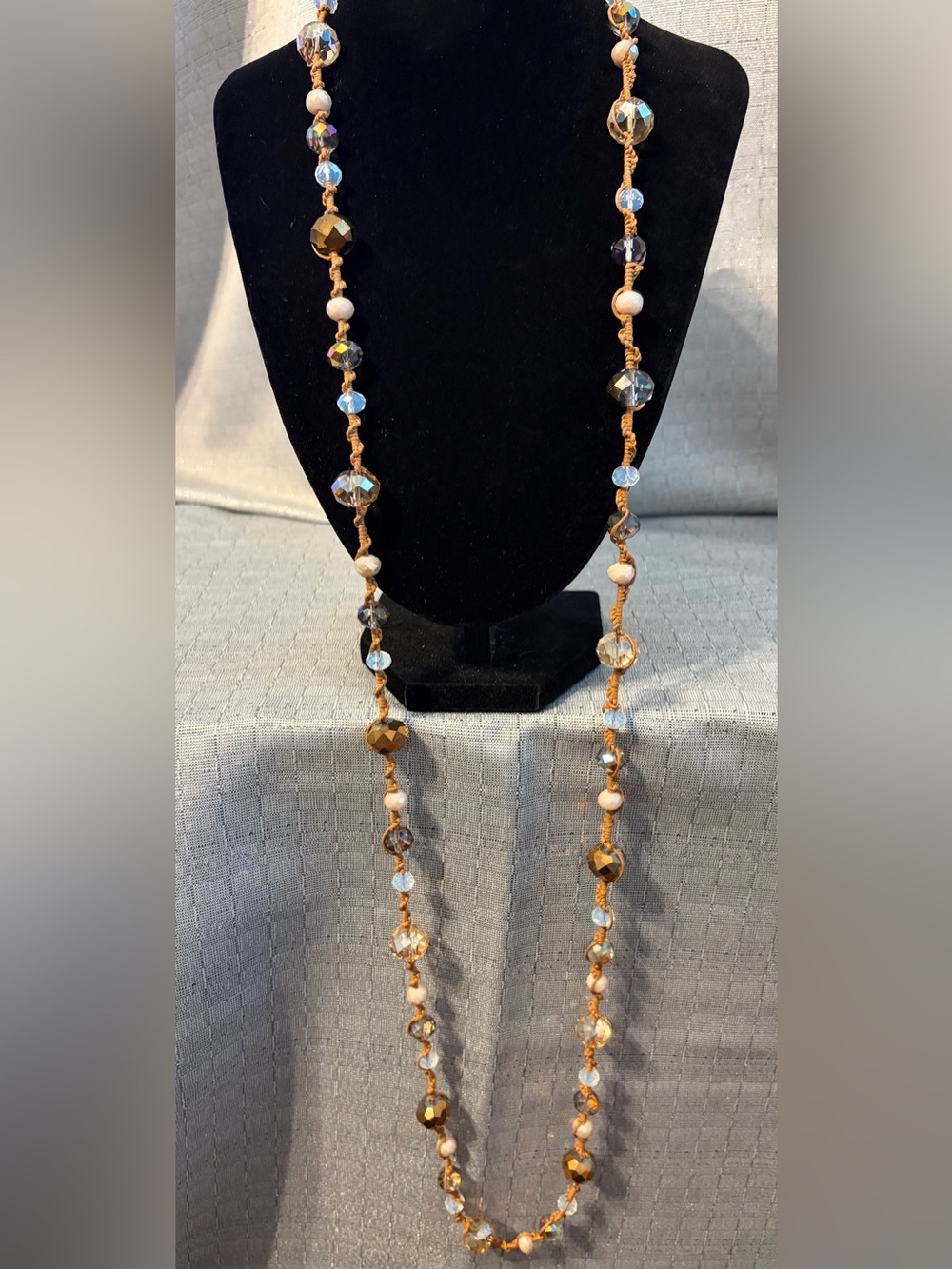 Crystal and Bead Long Necklace in Gold and Clear